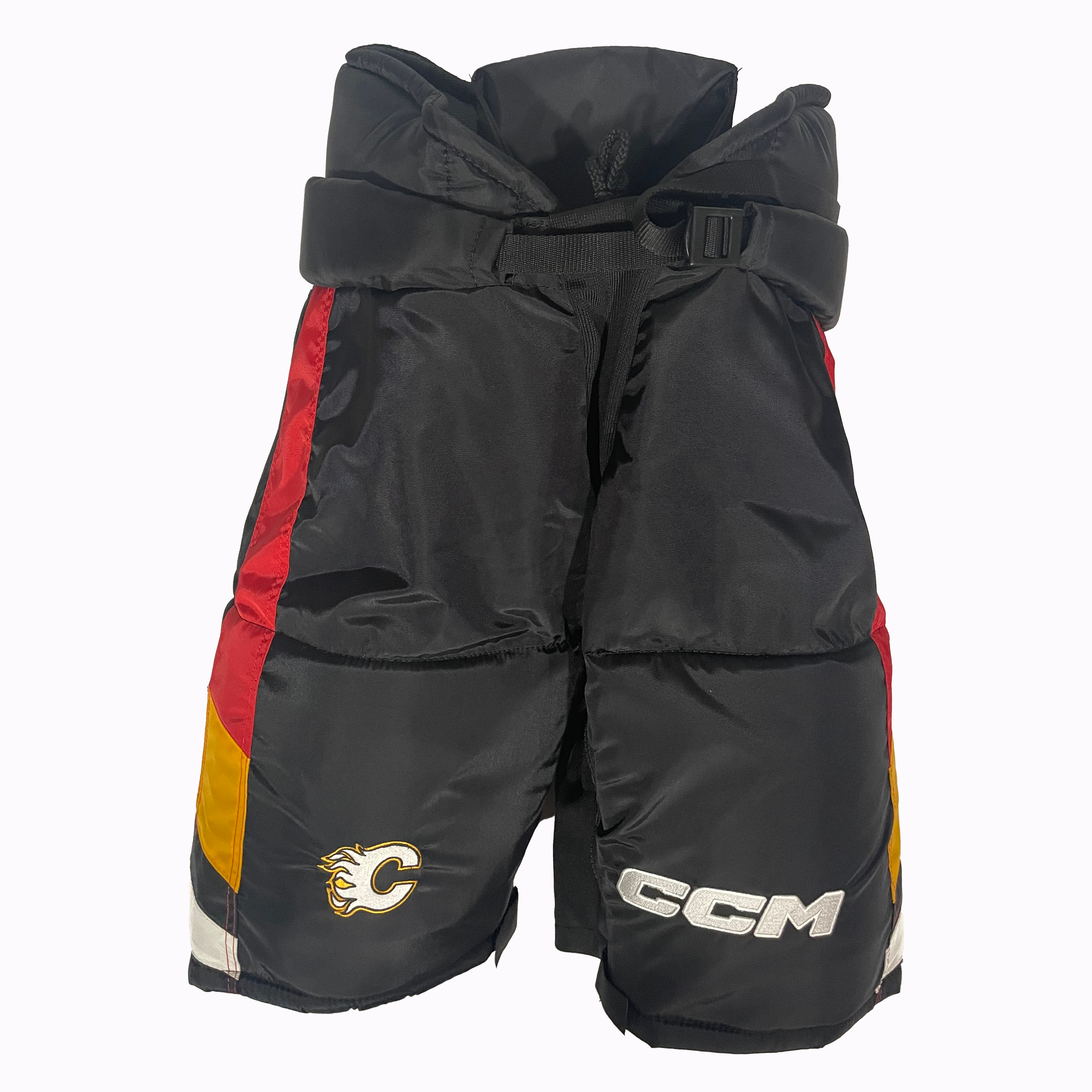 CCM HP70 - Pantalon de hockey NHL Pro Stock - Flames de Calgary (noir/rouge/jaune rétro inversé)